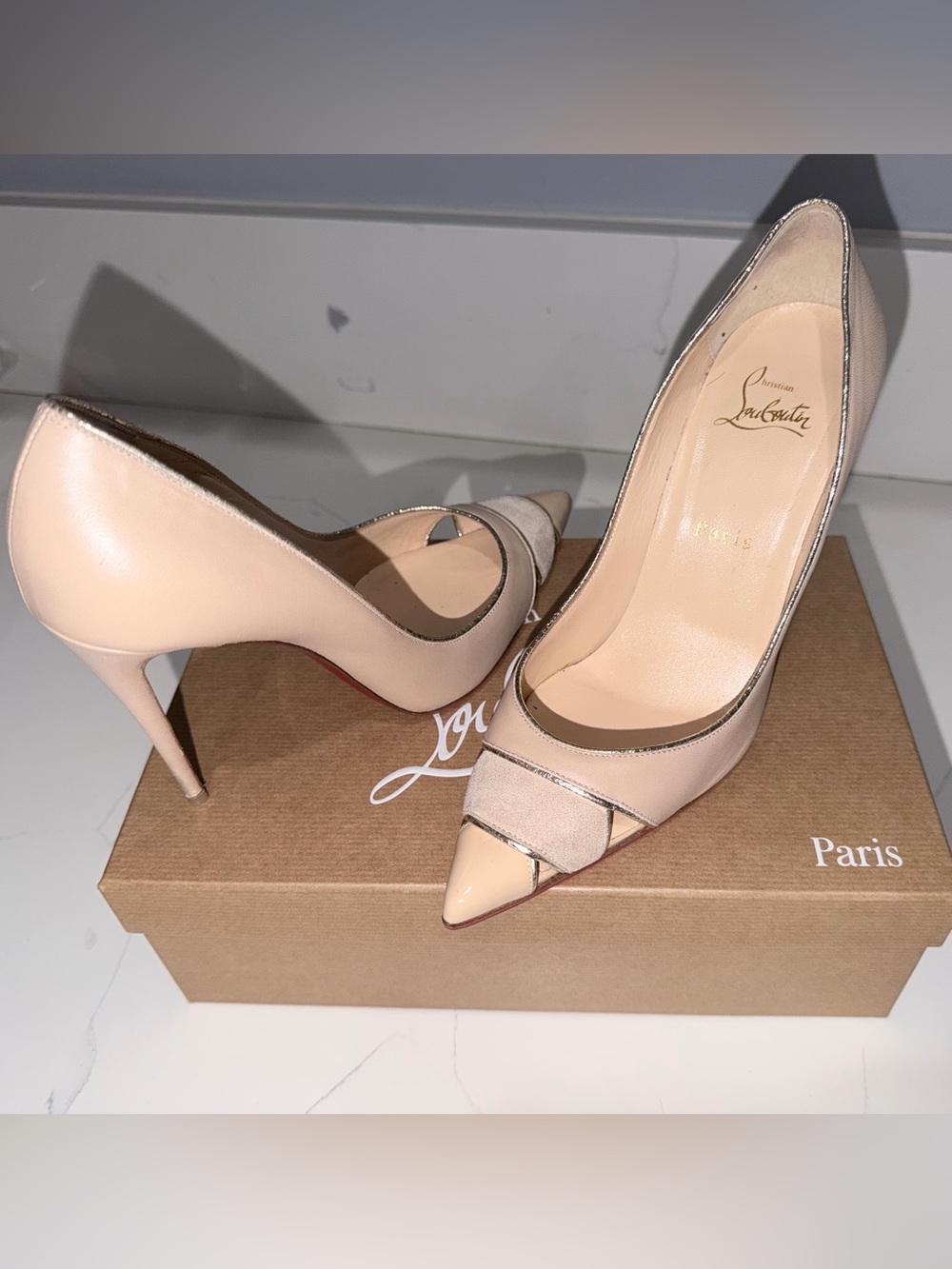 Christian Louboutin Blush Leather Pointed-Toe Pumps with Metallic Trim